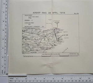 MAPA DE LA PRIMERA GUERRA MUNDIAL ZEPELIN DIRIGIBLE RAID 26 de abril de 1916 OFERTA KENT 3 BOMBAS LZ. 93 - Imagen 1 de 5