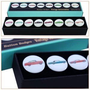 VINTAGE AUTOMOBILES - 8 Button Badge Deluxe Box Set. New. 30th 40th 50th 60th - Picture 1 of 10