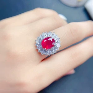 Oval 3 kt natürlicher roter Rubin Halo Verlobungsring Ehering 14 K Weiß-/Roségold Abdeckung - Bild 1 von 10