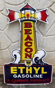 Vintage "BEACON ETHYL GASOLINE" Porcelain Enamel Sign 48" x 30"
