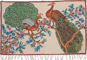 Ivory Peacock Wall Decoration Rug Carpet Tapestry Crewel Embroidery 48"x30" - Picture 1 of 7