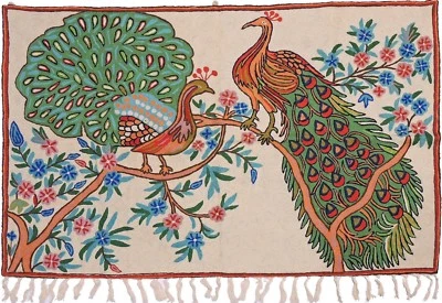 Ivory Peacock Wall Decoration Rug Carpet Tapestry Crewel Embroidery 48"x30" - Image 1 of 4