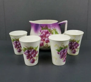5 Pc Set Antique Vintage Dresden China Cider Pitcher & 4 Cups Purple Grapes - Picture 1 of 12