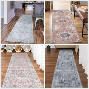 Grey Hall Runner/ Brown Boho Rug/ Anti Slip Carpet / Soft Pink Rugs 80x300cm - Picture 1 of 16