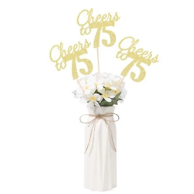Paquete de 10 centros de mesa de 75 cumpleaños con brillo dorado de doble cara Cheers to 75 para... Foto 1 de 4