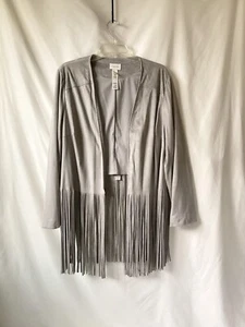 Chicos Womens Lined Open Front Fringe Cardigan Gray Faux Suede LS Size 2/Large - Picture 1 of 11