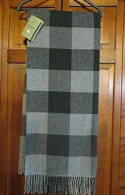 Lanerossi Throw Blanket Italy Wool Cotton Gray Black Buffalo Plaid Fringe 51X67 - Image 1 of 4