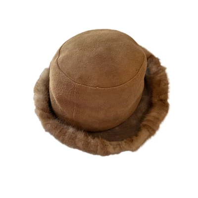 Vintage Hat Mink Fur Leather Beige Bucket Hat Union Made in USA 70s Authentic - Image 1 of 4