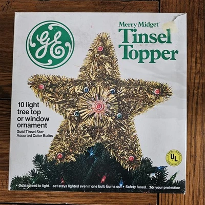 VTG GE Gold Tinsel Christmas Tree Star Merry Midget Lights 8" Multi Color Retro - Image 1 of 4