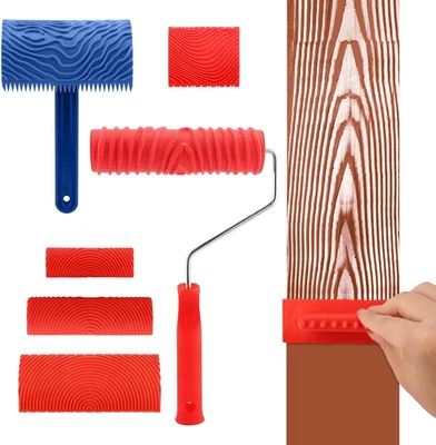 6 Pcs Wood Grain Painting Tool Set Roller Texture Pattern DIY Wall Art Decor Kit - Image 1 of 4
