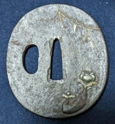【Kiku＆Rice】 TSUBA Samurai Sword guard Japanese KatanaBlade antique Art edo - Image 1 of 4