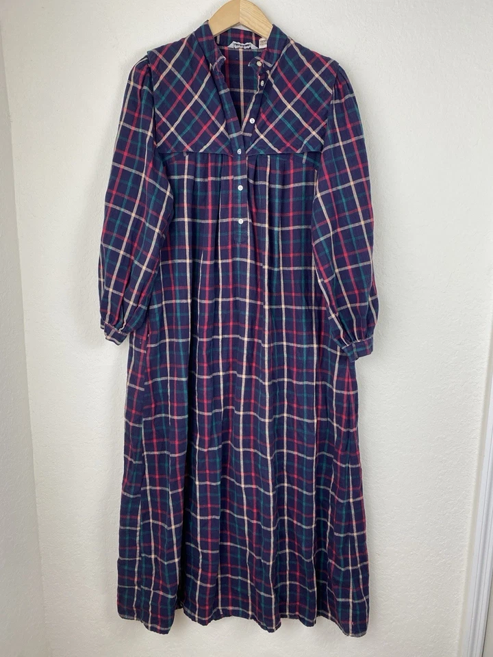 Vtg Laura Adams L Maxi Nightgown Flannel Plaid Cottage Prairie Cotton Red Navy - Image 1 of 4