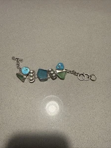 .925 Sterling Sea Glass And Blue Stone Toggle Bracelet 52.9g - Imagen 1 de 3
