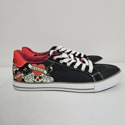 Ed Hardy Thread Love Kills 慢慢男式黑色低帮运动鞋男式 11 Y2K 二手状况完好  — 第 1/4 张图片