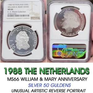 Top Pop! 1988 NETHERLANDS SILVER 50 GULDEN NGC MS66 william & mary anniversary - Picture 1 of 5