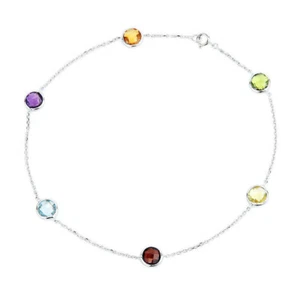 14K White Gold Anklet With Colorful Faceted Round Gemstones 9.5 Inches - Picture 1 of 2
