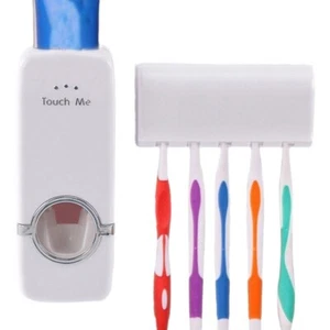 Dispensador de pasta de dientes + Juego de 5 soportes para cepillo de dientes soporte de montaje en pared blanco - Imagen 1 de 3