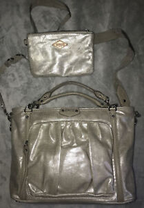 MZ Wallace Shimmery taupe jute w/leather trim tote style shoulder bag &makeupbag