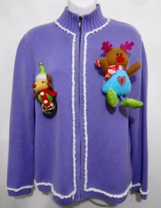 Suéter Feo Navidad M Nordstrom Lavanda Cremallera Frontal Cárdigan Juguetes de Peluche - Imagen 1 de 5