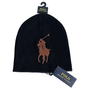 Neu Polo Ralph Lauren marineblau gerippt Strick Beanie Wolle großes Pony Leder Patch Neu mit Etikett - Bild 1 von 5