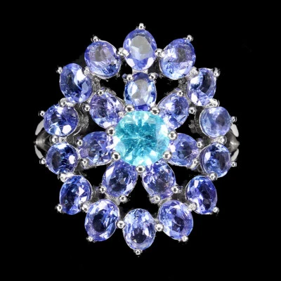 925 Anello Argento Sterling Rotondo Apatite Tanzanite Naturale Gemma Misura 7 - Immagine 1 di 4