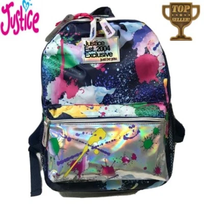Justice Girls 17" Backpack, BLUE Iridescent Splatter Pattern with Tech Pocket - Image 1 of 4