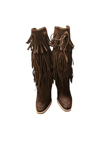 Michael Kors Cowgirl Fringe Boots Brown Chocolatr Suede 7 - Picture 1 of 5