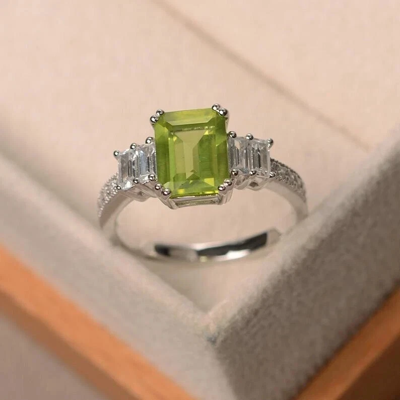 3.00 Ct Natural Peridot & Diamond Valentine's Day Ring 14K Real White Gold Solid - Image 1 of 4