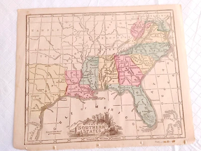 1866 Hand-Colored Map of "SOUTHERN STATES" USA Approximately  11" x 9" #20823 - Image 1 of 4