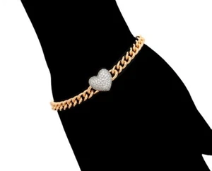 Luxury Heart Bracelet Curb Chain Zirconia Crystal 750er Gold 18K Gold Plated - Picture 1 of 5