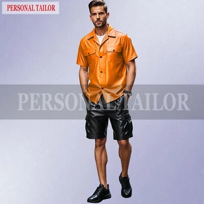 MEN'S LAMBSKIN ORANGE & BLACK LEATHER LAPEL COLLAR SHIRT AND SHORTS CARGO POCKET - Image 1 of 2