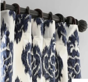 Halber Preis Vorhänge Ikat blau marine bedruckt Vorhang gefüttert Zimmer dunkel Damast Baumwolle 96 - Bild 1 von 7