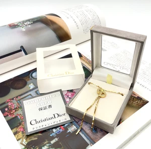 Auth Christian Dior CD Logo Loop Tie Necklace GD W/Box BA060045 - Picture 1 of 15