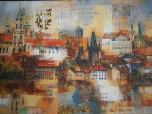 Painting Oil on Canvas Veronika Benoni Pattern Town Prague Art Contemporary - Picture 1 of 12