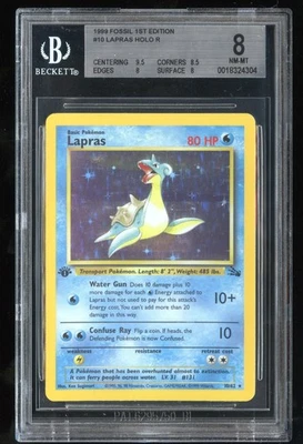 Carta Pokémon Beckett Lapras 1ª Edición 10/62 Fósil Holo Raro BGS 8 Casi Nuevo-Como Nuevo WOTC Foto 1 de 2