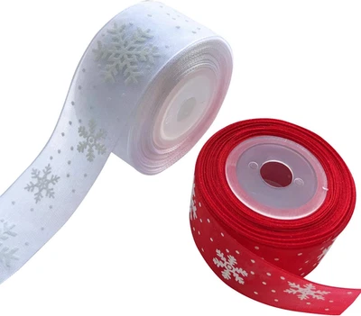 Cintas de organza de Navidad, 1" x 10 yardas, diseño de copo de nieve (blanco y rojo) Foto 1 de 4