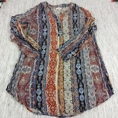 Umgee Womens Medium Top Boho Tunic V-Neck Stiped Mosaic Cinched Cuff Multicolor  - Image 1 of 4