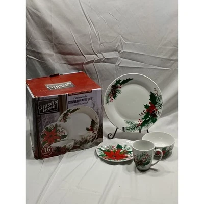 Gibson Home 16 Piece Poinsettia Dinnerware Set Fine Ceramic Christmas Holiday - Image 1 of 4