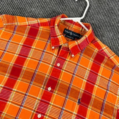 Рубашка Ralph Lauren на пуговицах мужская большая оранжевая клетчатая с коротким рукавом классический покрой - Изображение 1 из 4