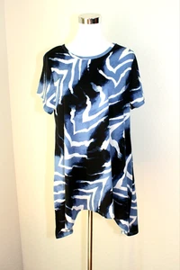 LuLaRoe lässiges Tunika Top MELISSA SS schwarz weiß blau abstrakt geformter Saum - L #02 - Bild 1 von 7