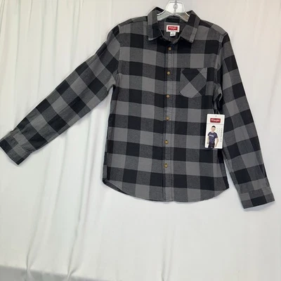 Wrangler NWT Boys 18 Buffalo Plaid Flannel Shirt Black Gray Cotton Long Sleeve - Image 1 of 4