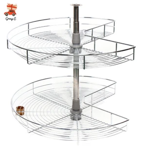 KITCHEN PANTRY CORNER ROTATING CAROUSEL REVOLVING WIRE BASKET Silver 270° 710mm - Picture 1 of 17