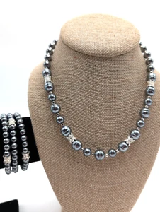 Liz Claiborne Silver Faux Pearl and Silver Tone Necklace with Matching Bracelet - Picture 1 of 16