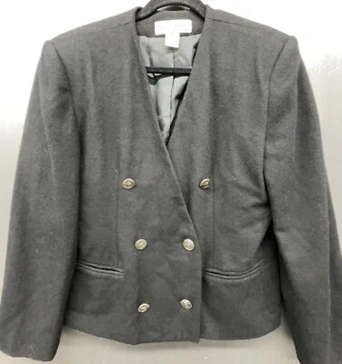 Blazer Vintage Años 80 12 Negro Lana Doble Pecho Chaqueta Sin Cuello Clásica Foto 1 de 4