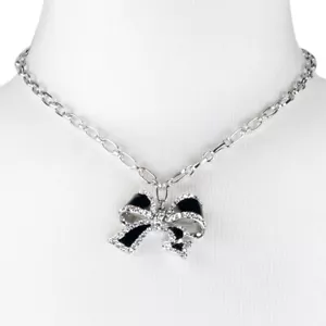 FASHION CHAIN NECKLACE 18" BOW EPOXY BLACK RHODIUM PLATING CLEAR CRYSTALS - Picture 1 of 1