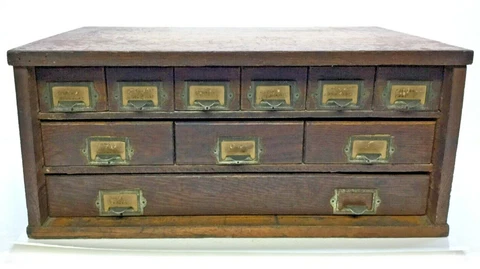 Antique Oak Wood & Tin Cabinet of 10 Drawers Apothecary Hardware 19" x 13" x 9" Cover