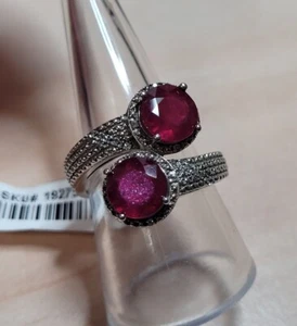 BNWT African Ruby, White Topaz Bypass Ring Rhodium Plated 925 Silver Size R - Picture 1 of 8