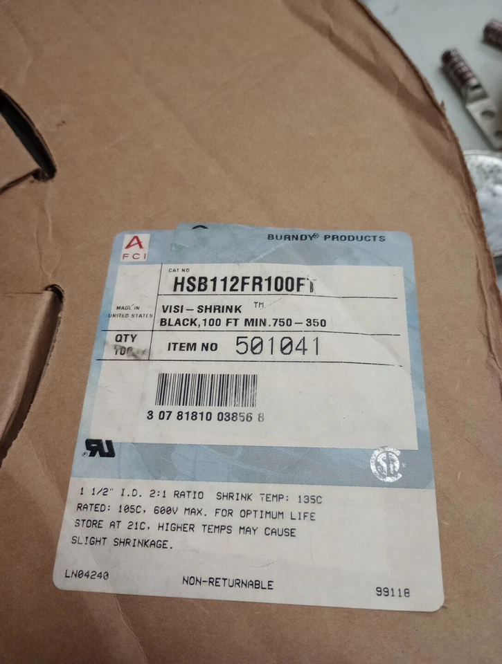 BURNDY HEAT SHRINK BLACK 100FT 750-350 HSB112FR100FT PROPORÇÃO 2:1 -100ft part#50104 - Imagem 1 de 3