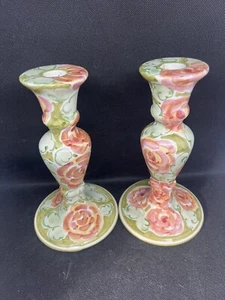 Set of 2 Colorfully Handpainted Floral Ceramic Candlesticks 8.5" Tall Portugal - Picture 1 of 4
