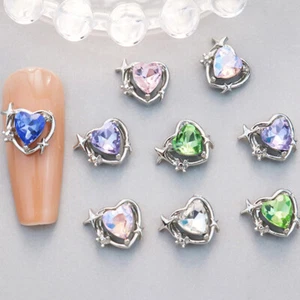 10PCS Love Heart Nail Art Charm Luxury Diamond Hallow Heart Manicure Decor Salon - Picture 1 of 20
